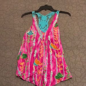Pink floral racer back tank top with lace back